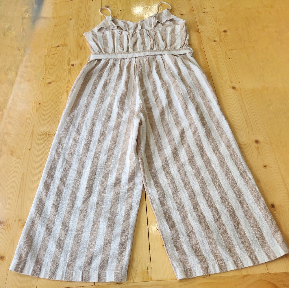 Kensie Jumpsuit Striped Cotton Linen Wide Leg Tan White Romper L - Picture 2 of 16